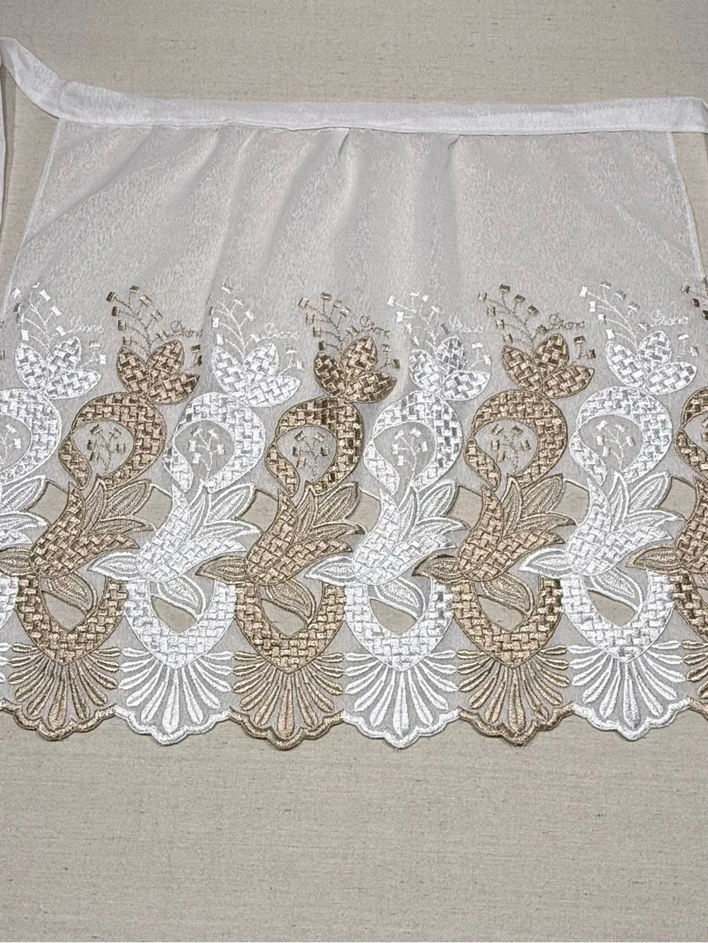 Elegant White & Champagne Embroidered Lace Tie-Waist Apron Skirt